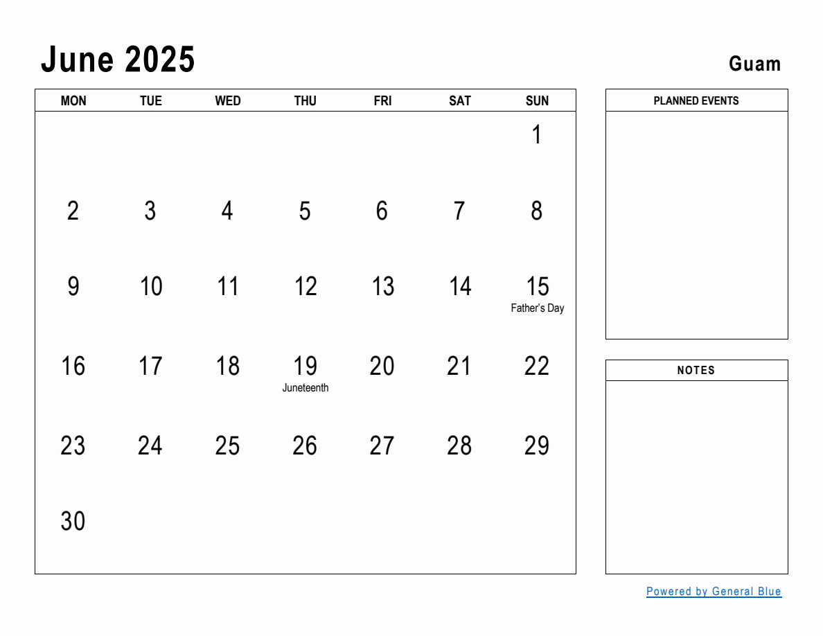 June 2025 Planner with Guam Holidays