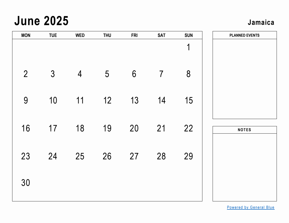 June 2025 Planner with Jamaica Holidays