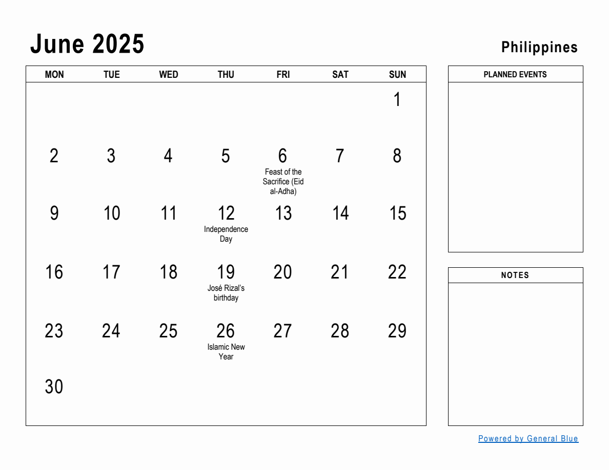 June 2025 Planner with Philippines Holidays