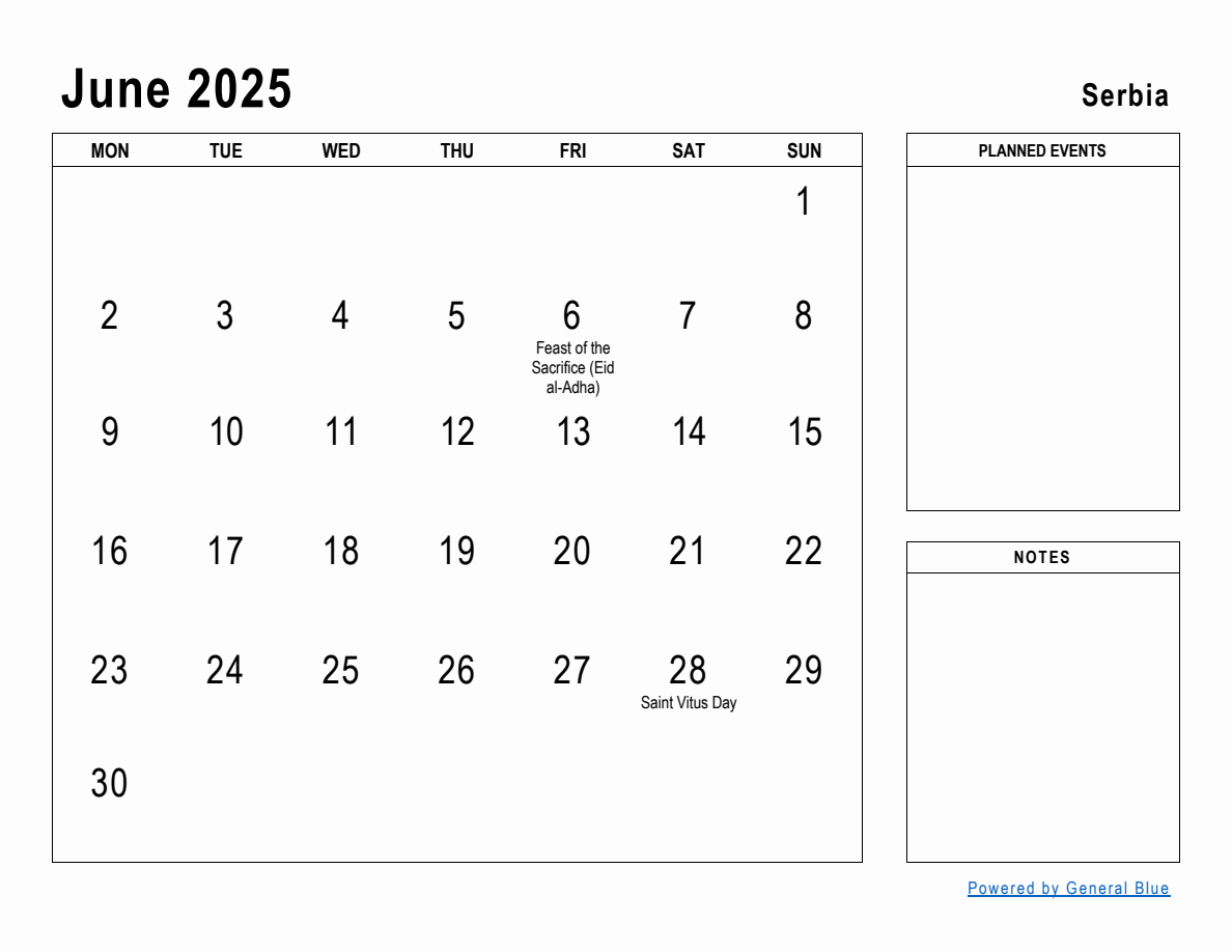 June 2025 Planner with Serbia Holidays