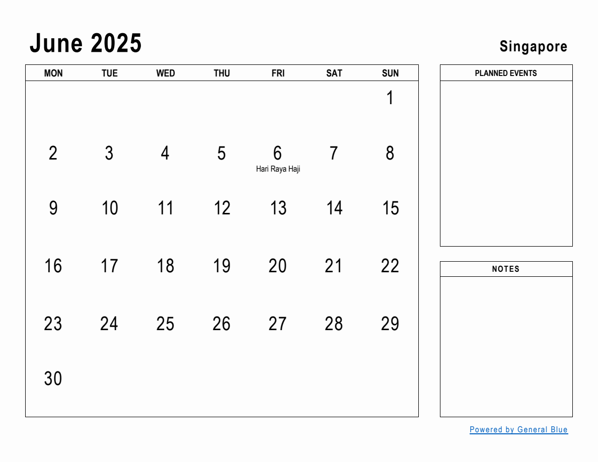 June 2025 Planner with Singapore Holidays