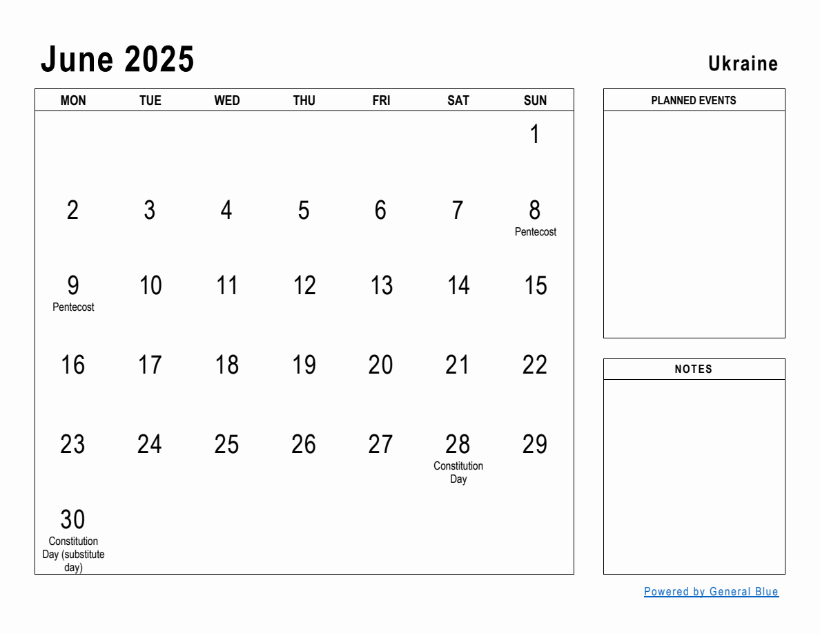 June 2025 Planner with Ukraine Holidays