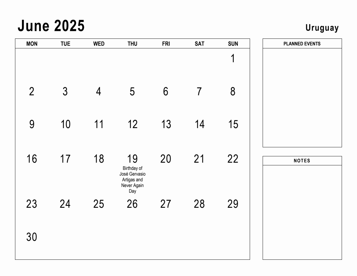 June 2025 Planner with Uruguay Holidays