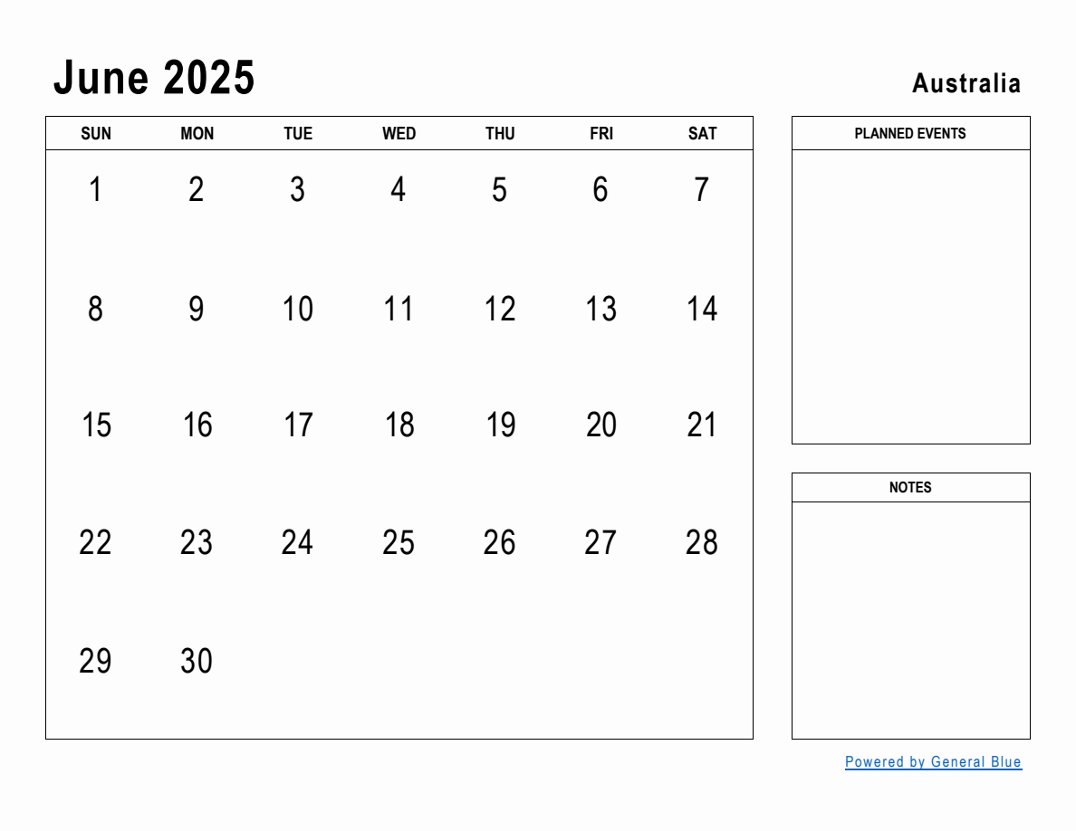 June 2025 Planner with Australia Holidays