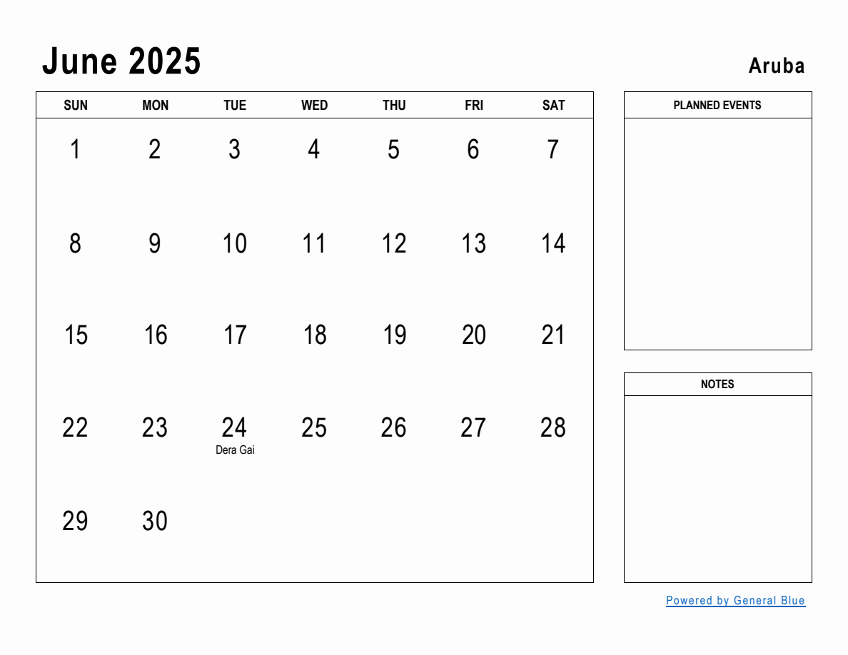 June 2025 Planner with Aruba Holidays