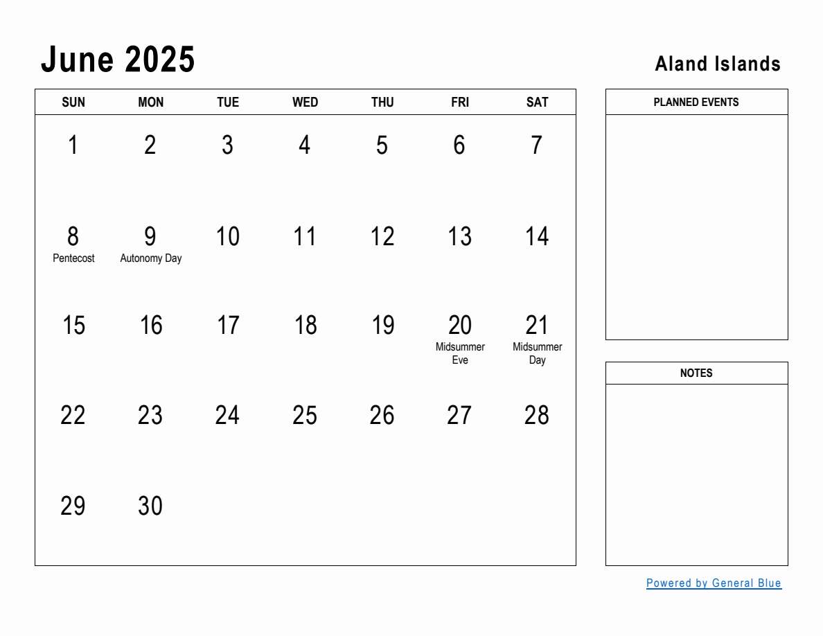 June 2025 Planner with Aland Islands Holidays