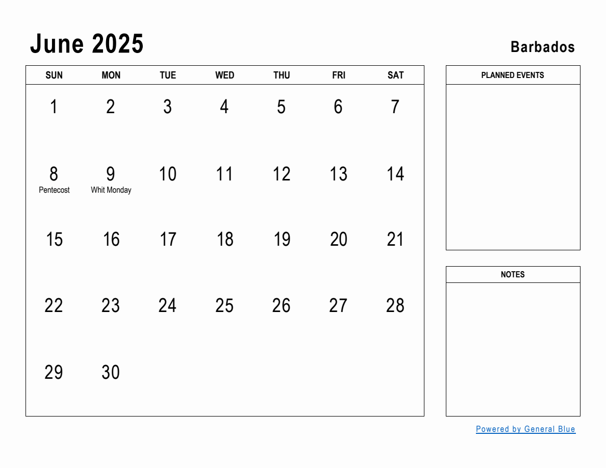 June 2025 Planner with Barbados Holidays