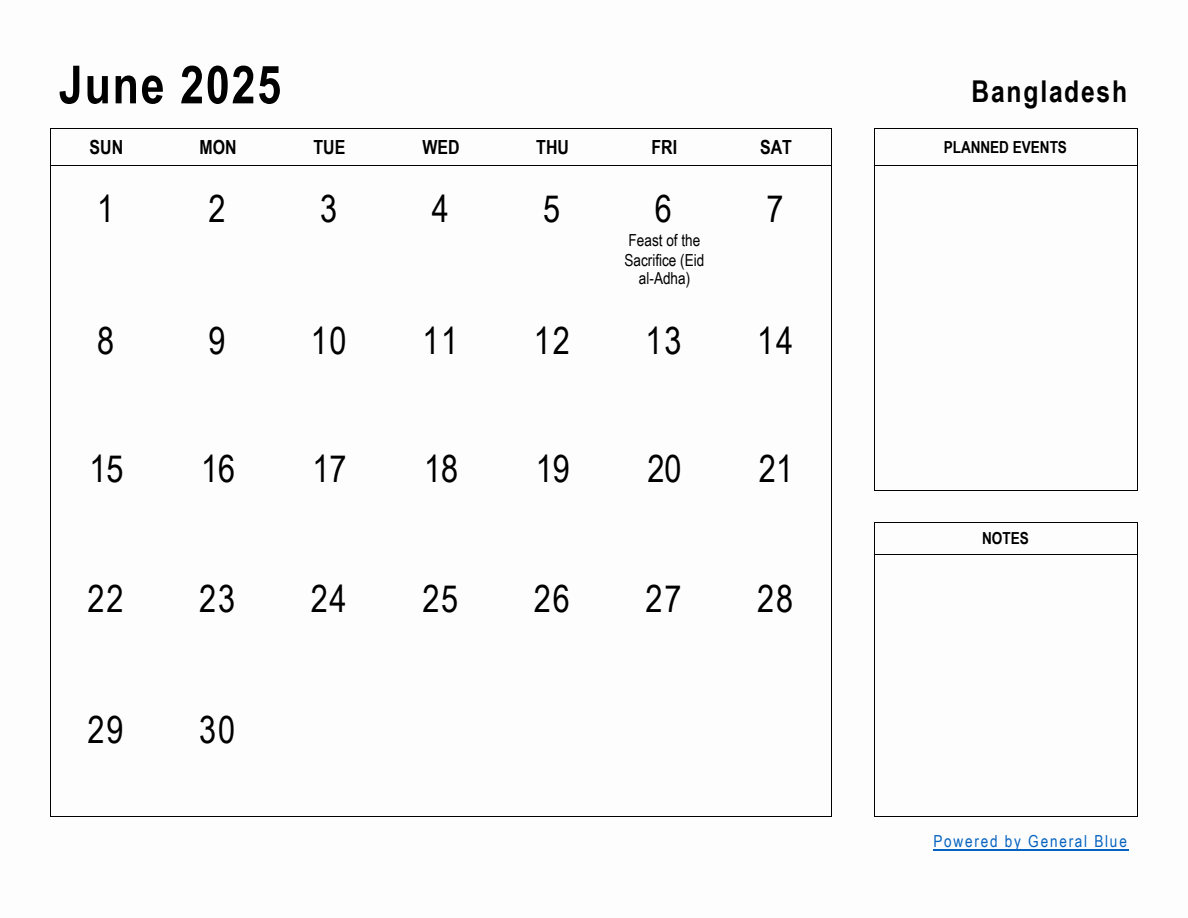 June 2025 Planner with Bangladesh Holidays