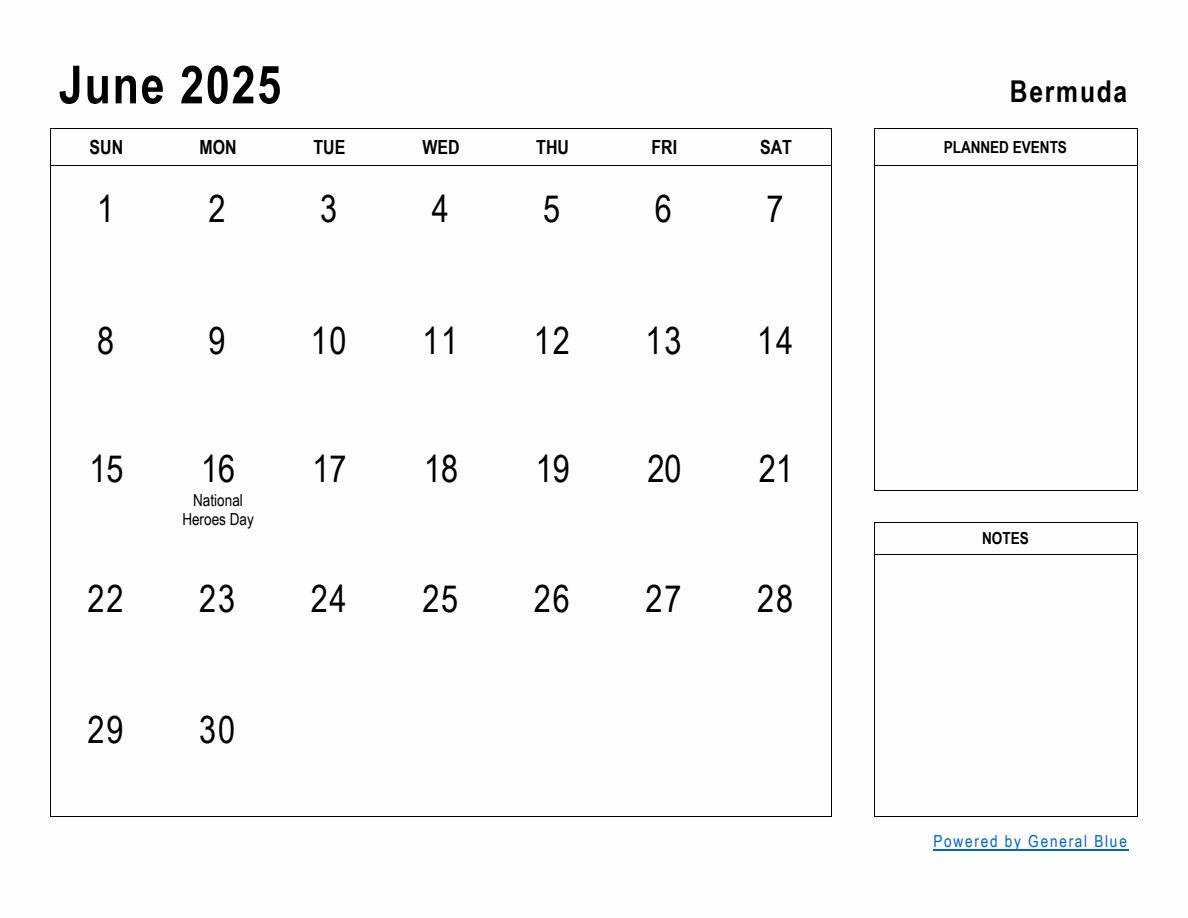 June 2025 Planner with Bermuda Holidays