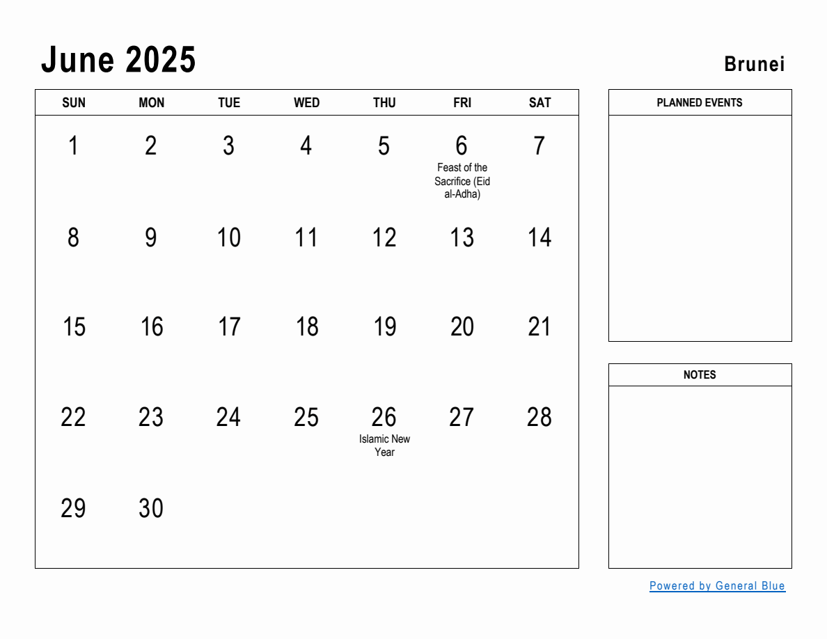 June 2025 Planner with Brunei Holidays