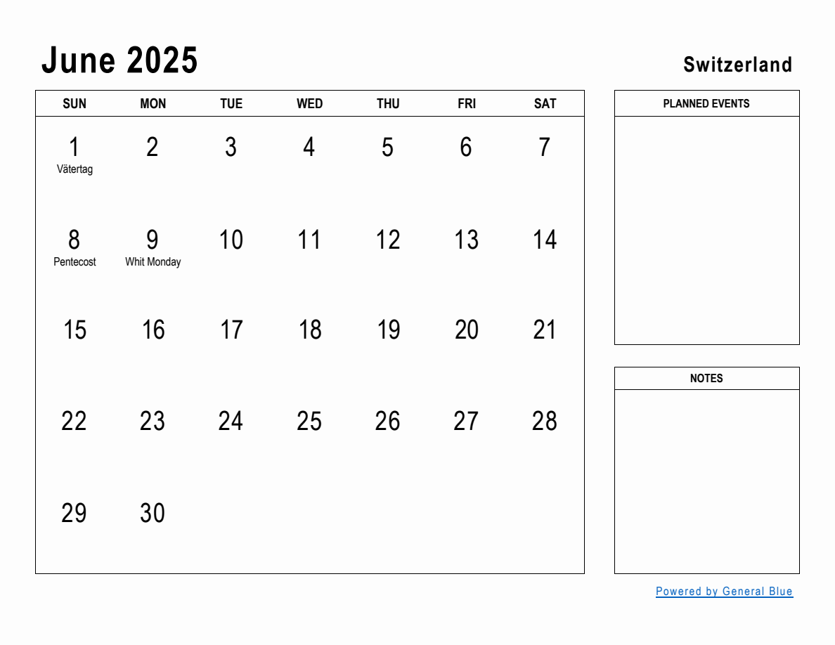 June 2025 Planner with Switzerland Holidays