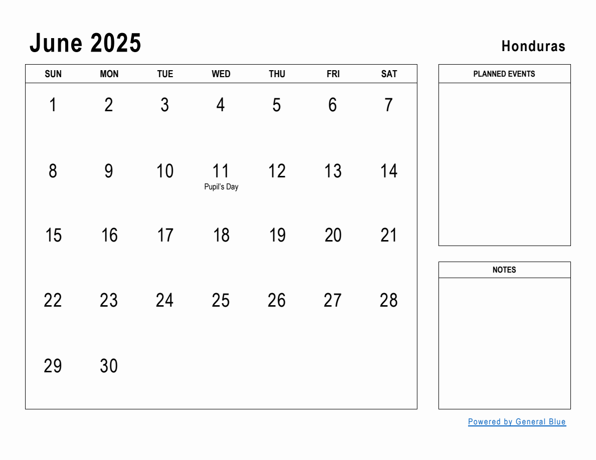 June 2025 Planner with Honduras Holidays