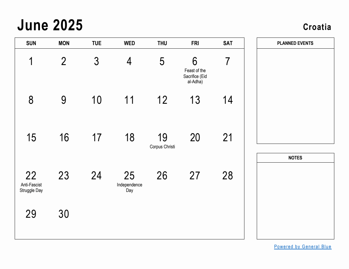 June 2025 Planner with Croatia Holidays