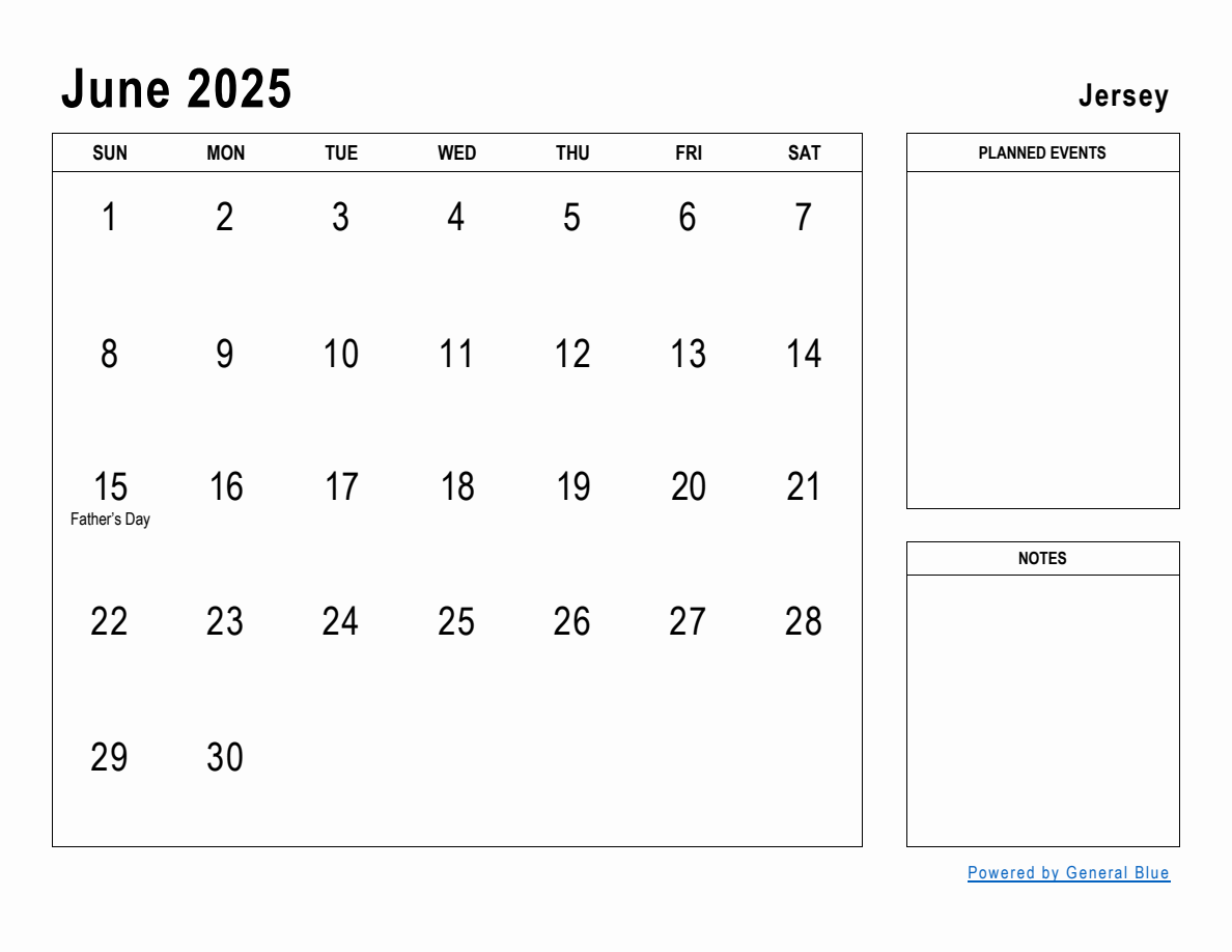 June 2025 Planner with Jersey Holidays