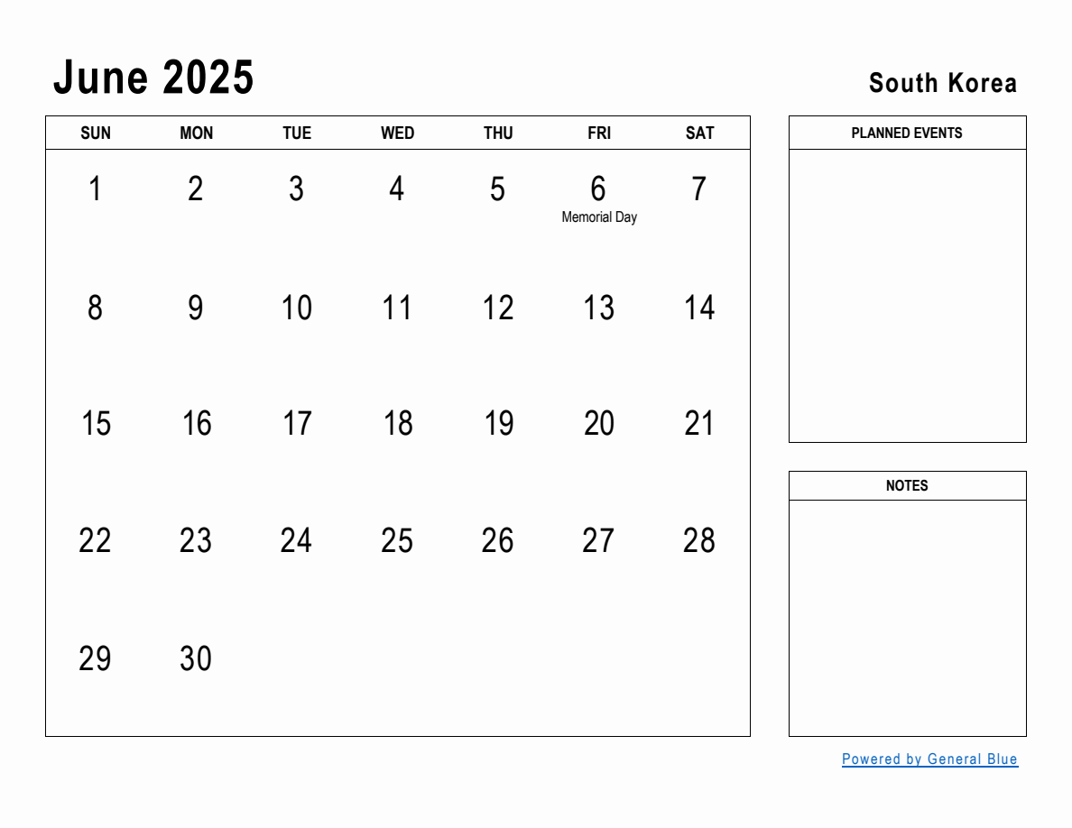 June 2025 Planner with South Korea Holidays