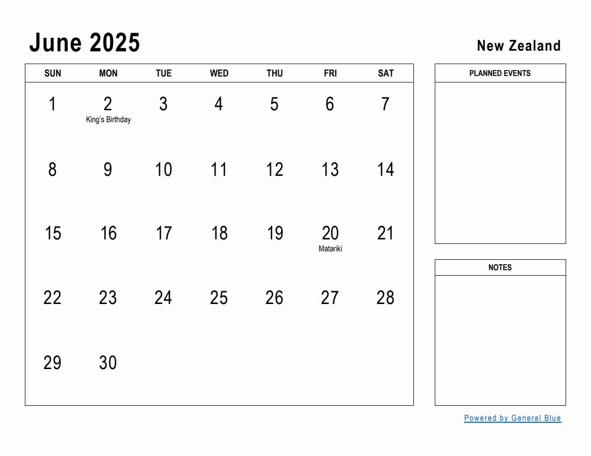 June 2025 Planner with New Zealand Holidays