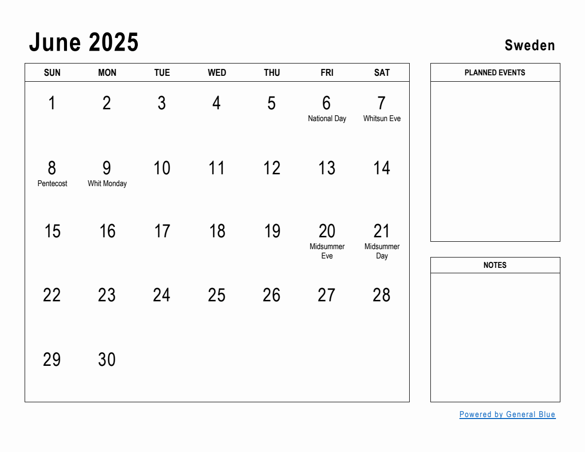 June 2025 Planner with Sweden Holidays