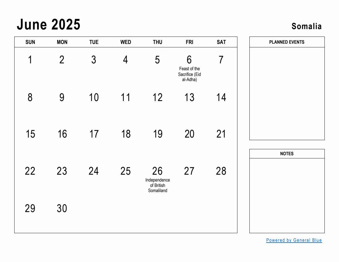 June 2025 Planner with Somalia Holidays