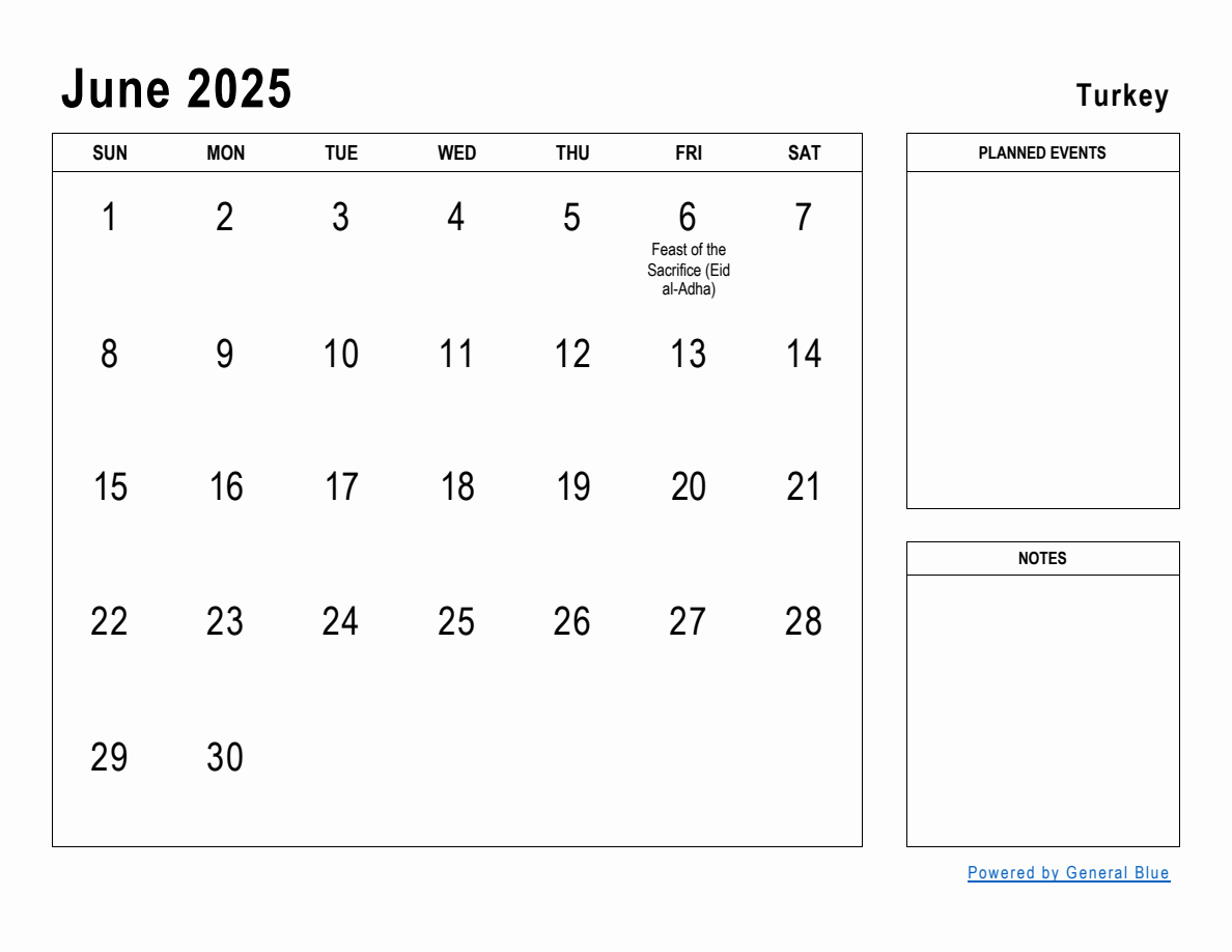 June 2025 Planner with Turkey Holidays