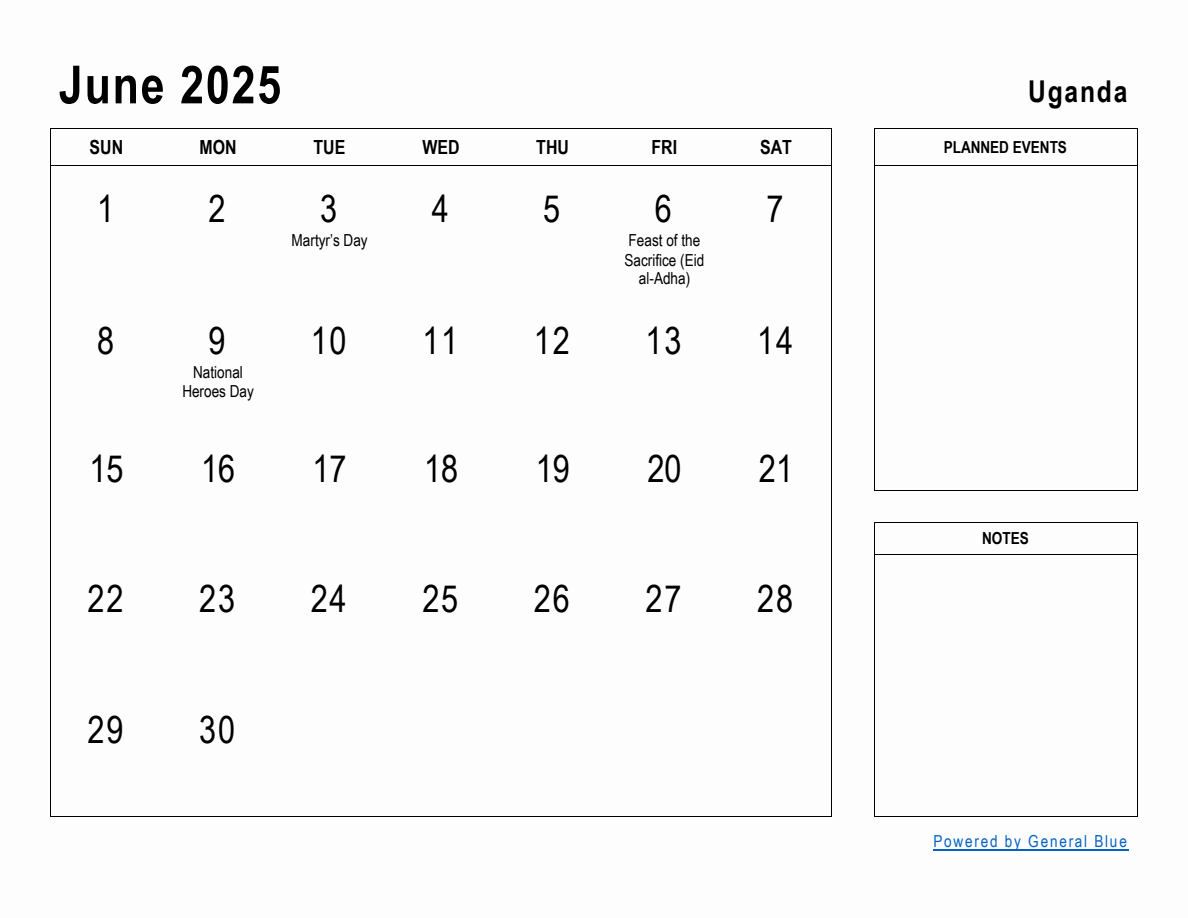 June 2025 Planner with Uganda Holidays