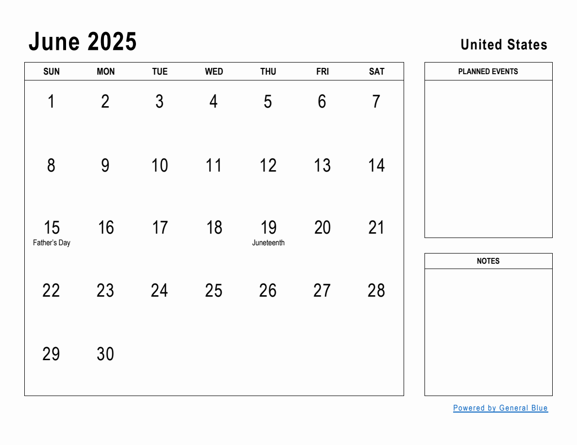 June 2025 Planner with United States Holidays
