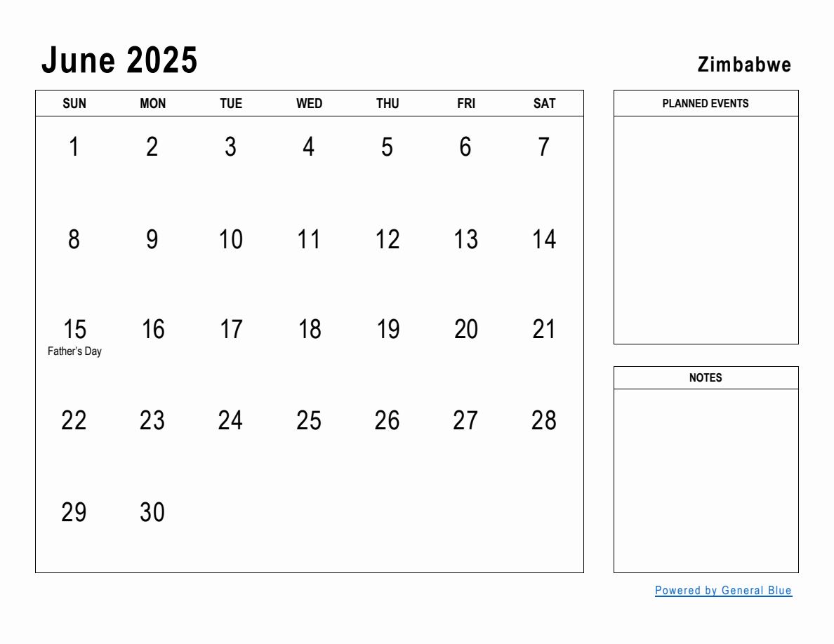 June 2025 Planner with Zimbabwe Holidays