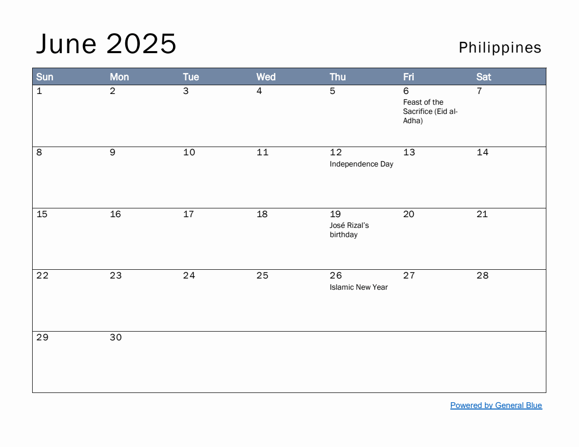 Free Monthly Calendar Template for June 2025 with Philippines Holidays