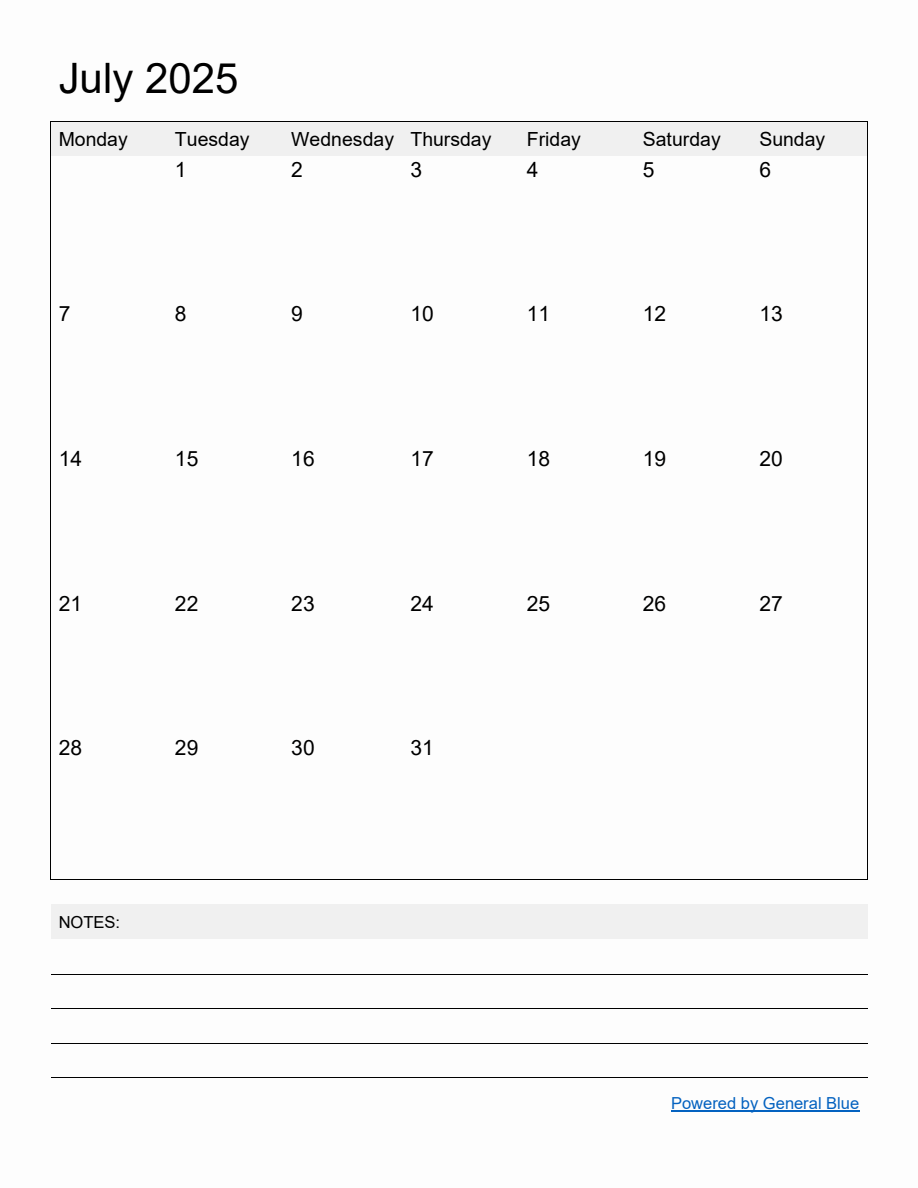 Free Printable Monthly Calendar for July 2025