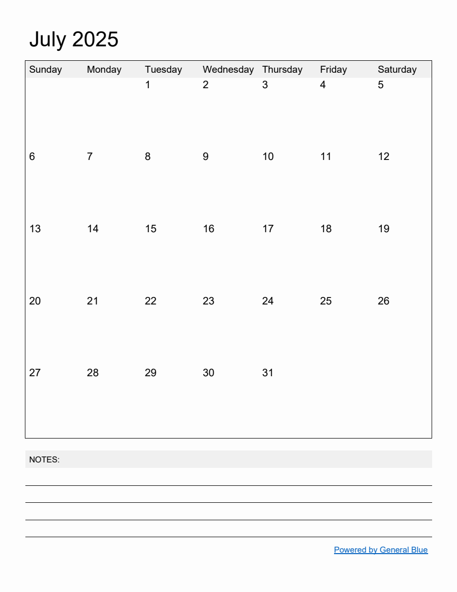 July 2025 Calendar Month Printable Free Template