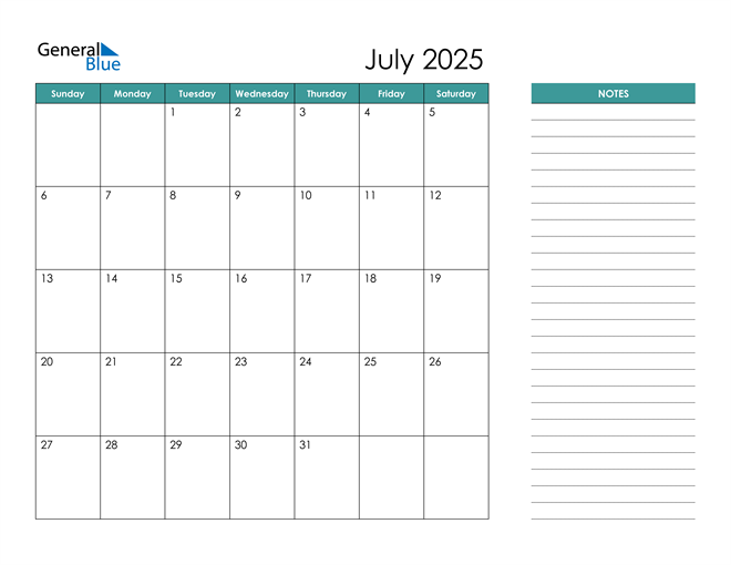 July 2025 Calendar (PDF Word Excel)