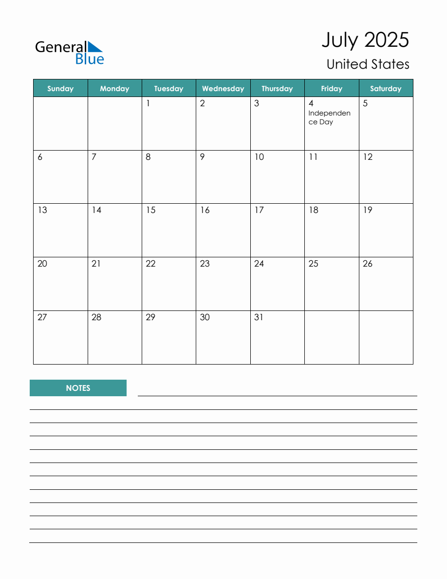 Monthly Planner with United States Holidays July 2025