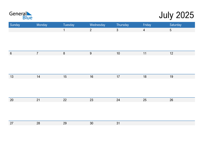 July 2025 Calendar (PDF Word Excel)