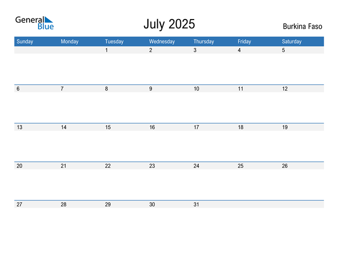 July 2025 Calendar with Burkina Faso Holidays