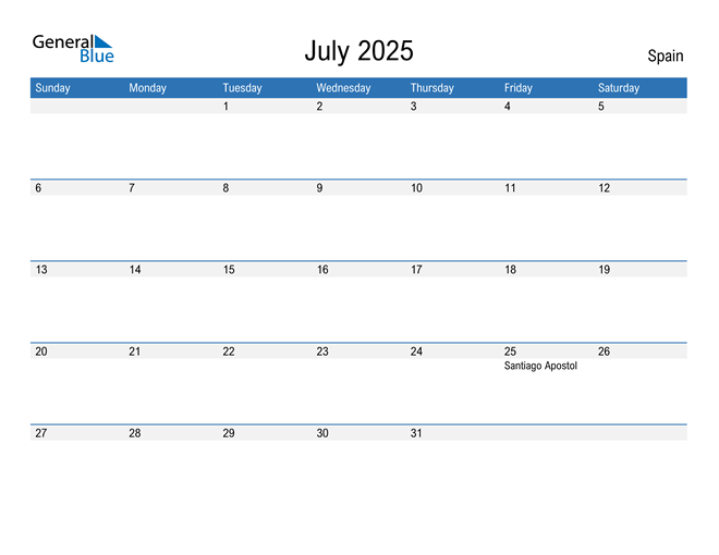 July 2025 Calendar with Spain Holidays