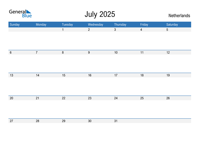 July 2025 Calendar with Netherlands Holidays