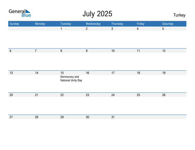 July 2025 Calendar with Turkey Holidays