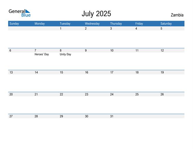 July 2025 Calendar with Zambia Holidays