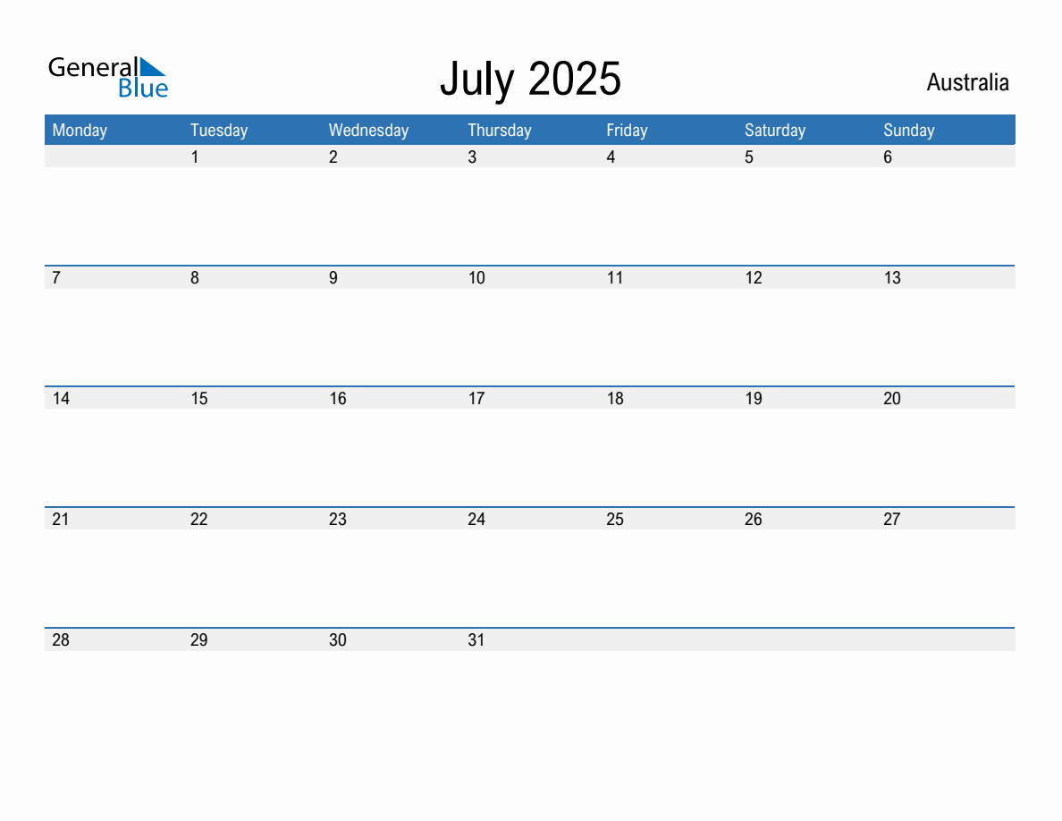 Editable July 2025 Calendar with Australia Holidays