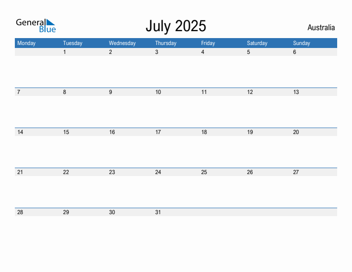 Editable July 2025 Calendar with Australia Holidays