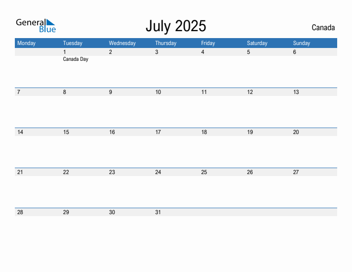 Editable July 2025 Calendar with Canada Holidays