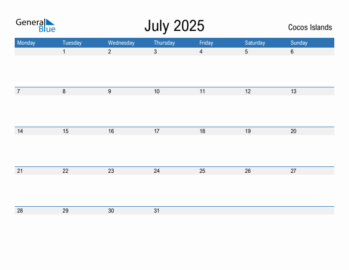 Editable July 2025 Calendar with Cocos Islands Holidays