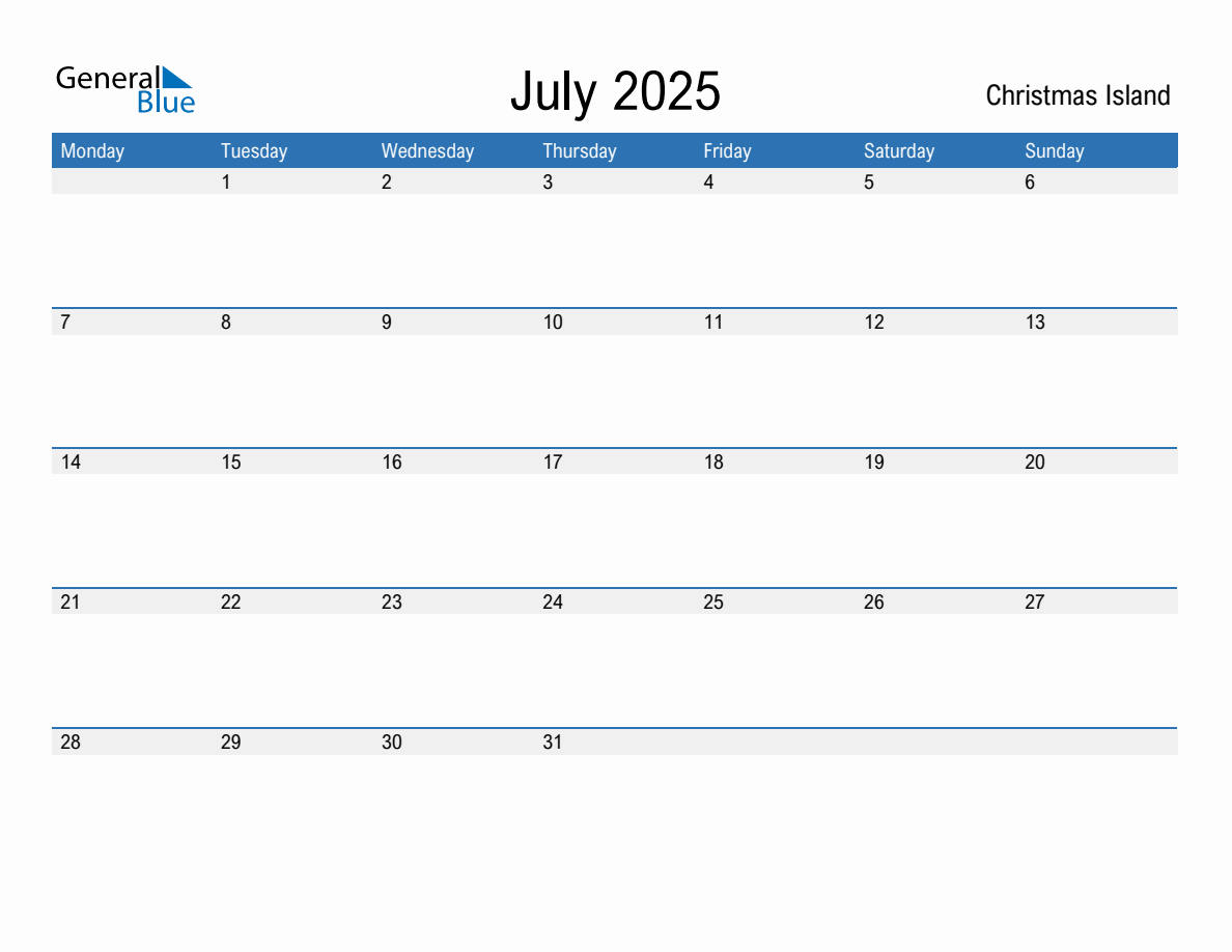 Editable July 2025 Calendar with Christmas Island Holidays