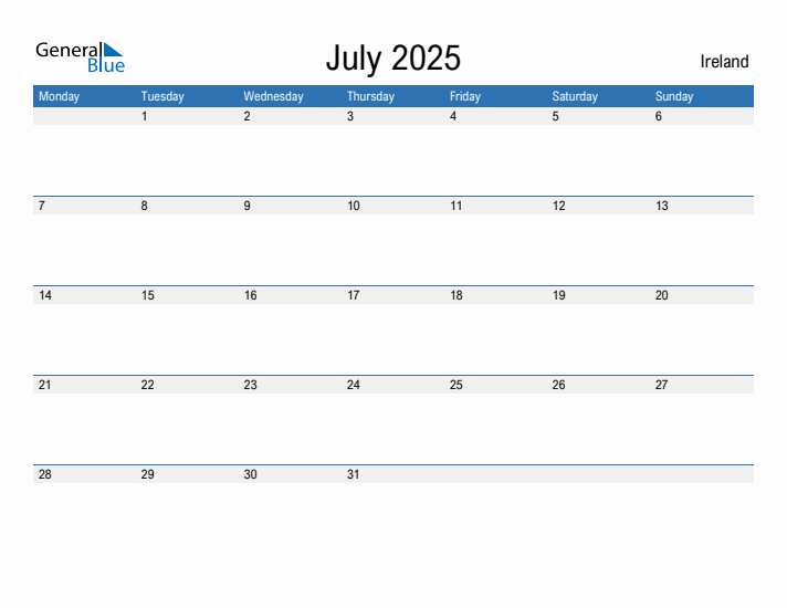 July 2025 Ireland Monthly Calendar with Holidays