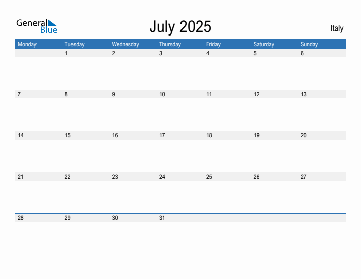 Editable July 2025 Calendar with Italy Holidays