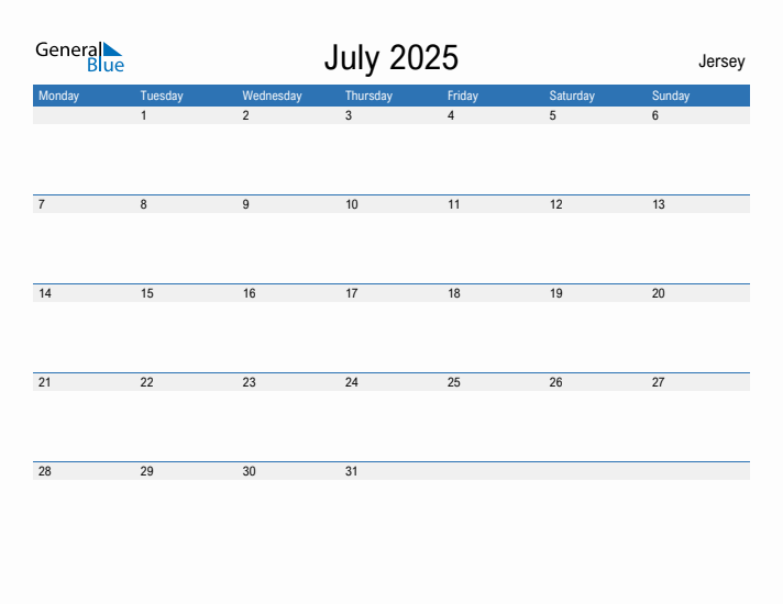 Editable July 2025 Calendar with Jersey Holidays