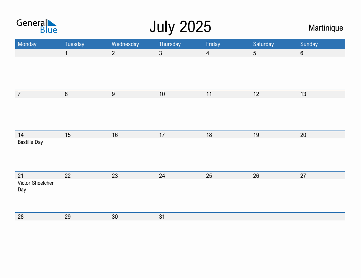 Editable July 2025 Calendar with Martinique Holidays