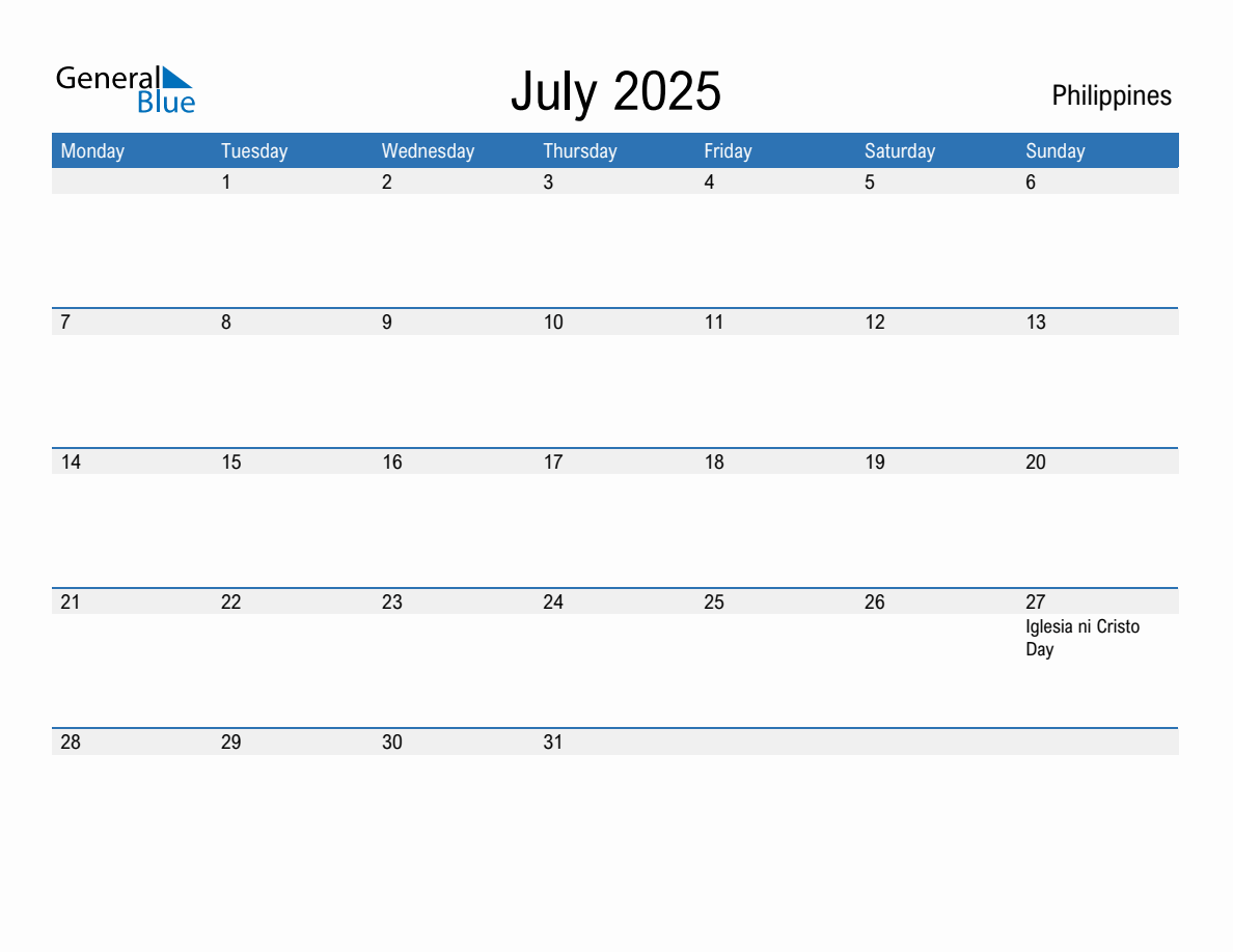 Editable July 2025 Calendar with Philippines Holidays