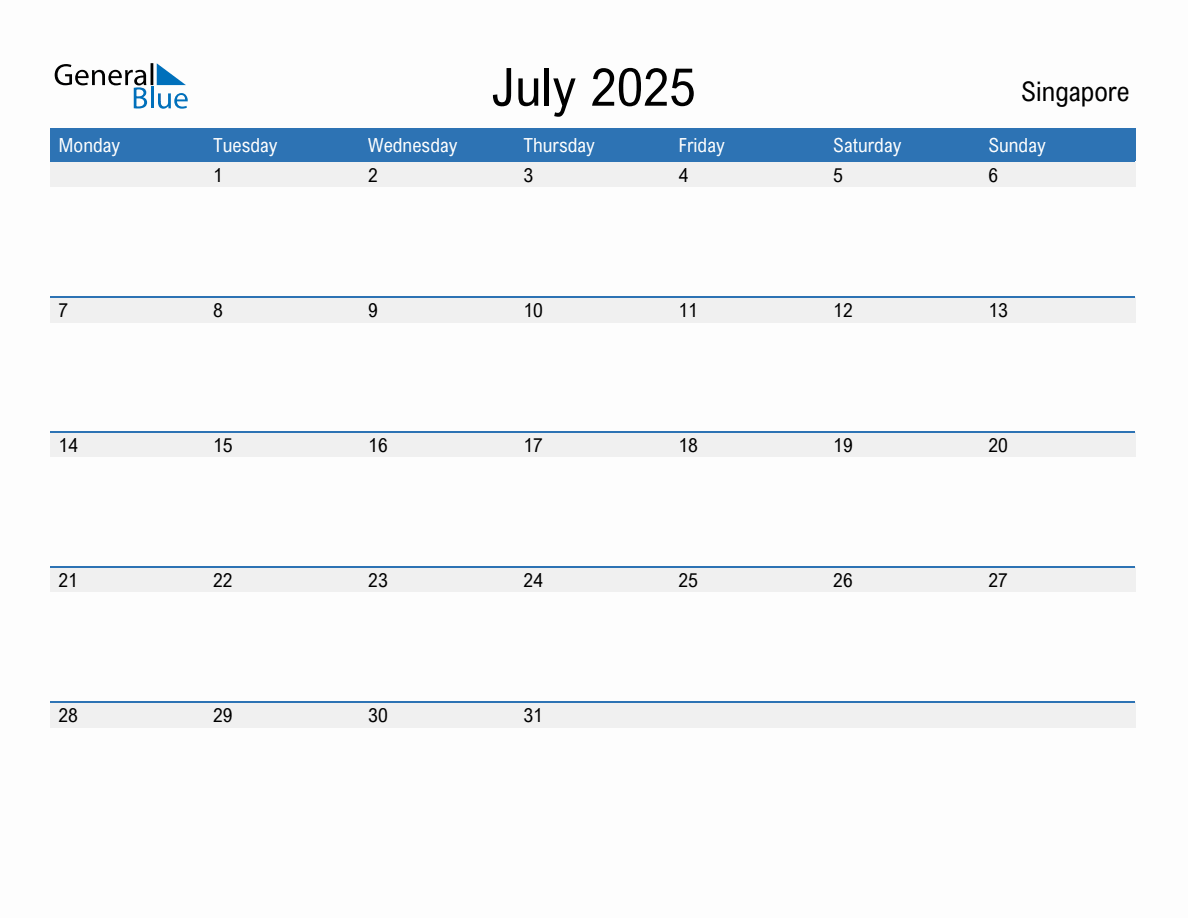 Editable July 2025 Calendar with Singapore Holidays