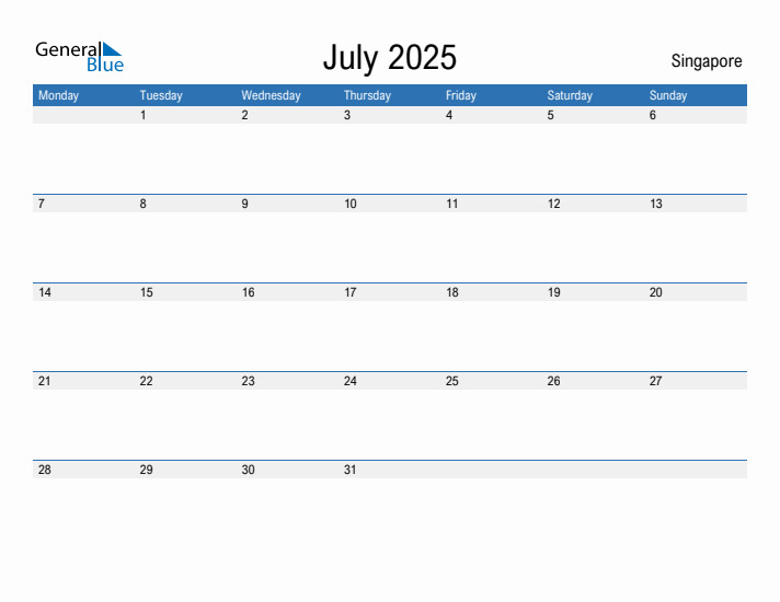 July 2025 Singapore Monthly Calendar with Holidays