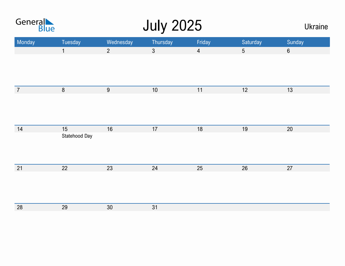 Editable July 2025 Calendar with Ukraine Holidays